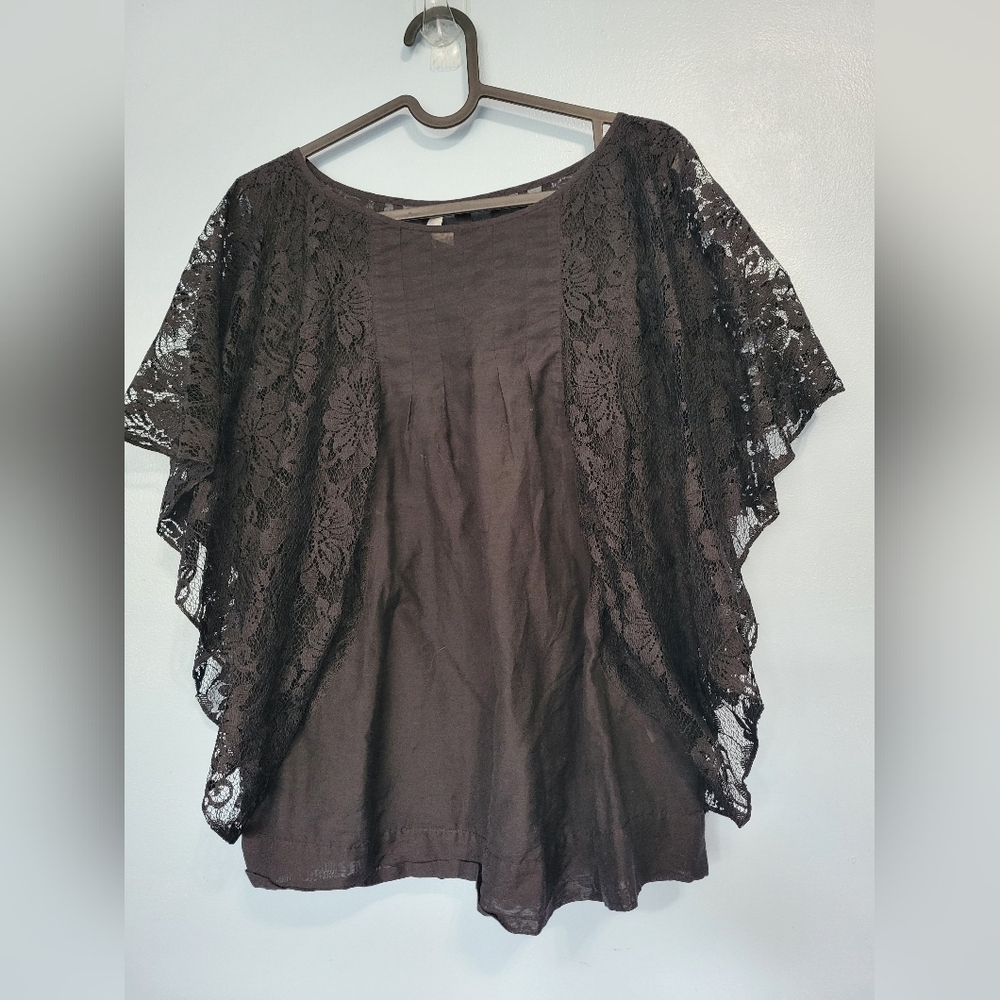Joie Silk Cotton Blend Butterfly Lace Sleeve  Blouse Black L